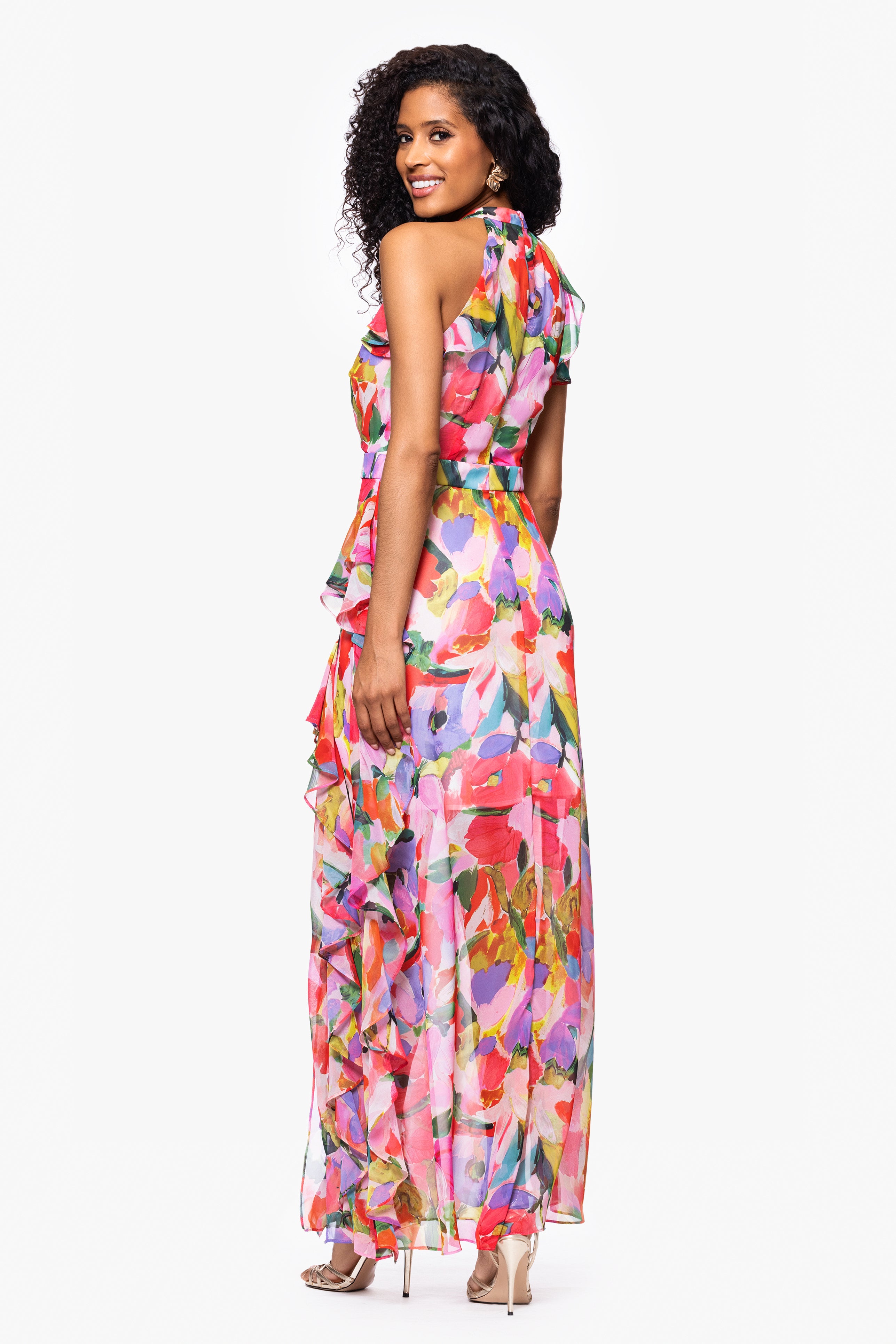 "Joseline" Chiffon Print Floor Length Ruffle Dress