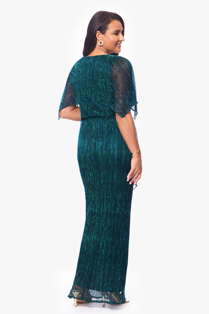 "Sonny" Long Metallic Knit V-Neck Ruffle Dress