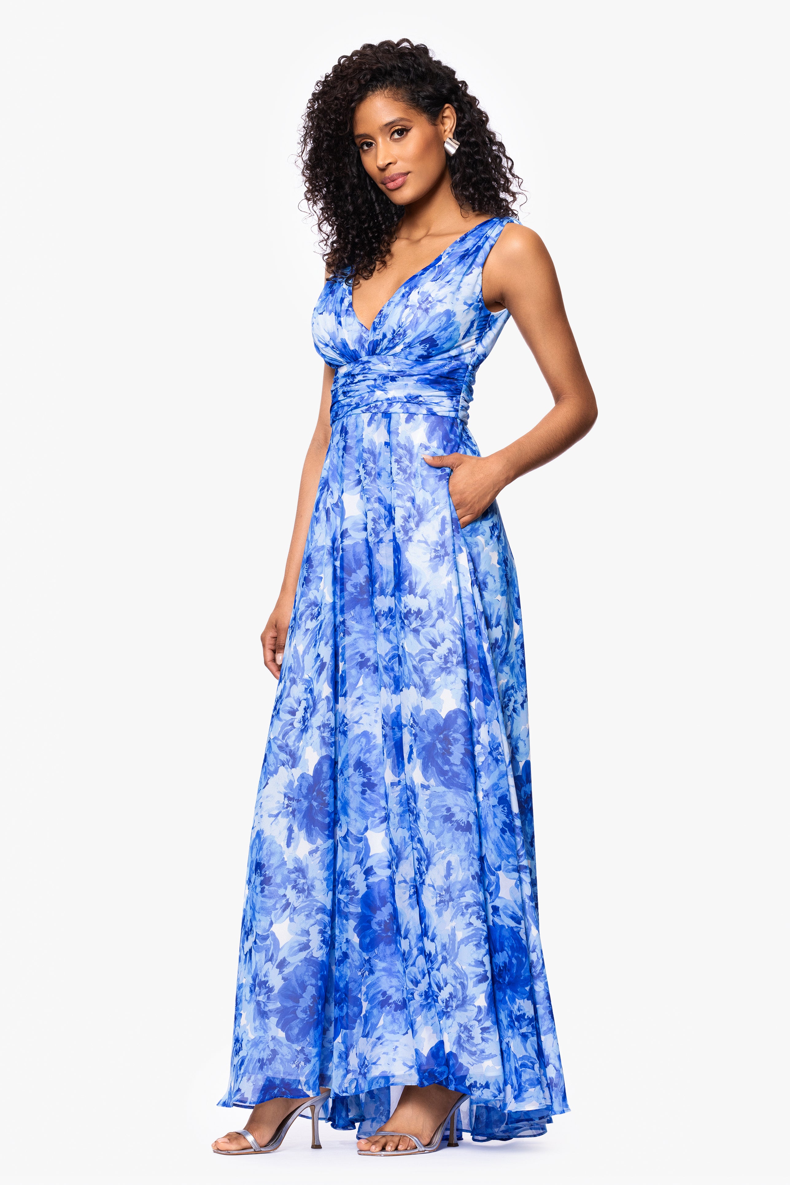 "Jaime" Print Chiffon V-Neck Floor Length Dress