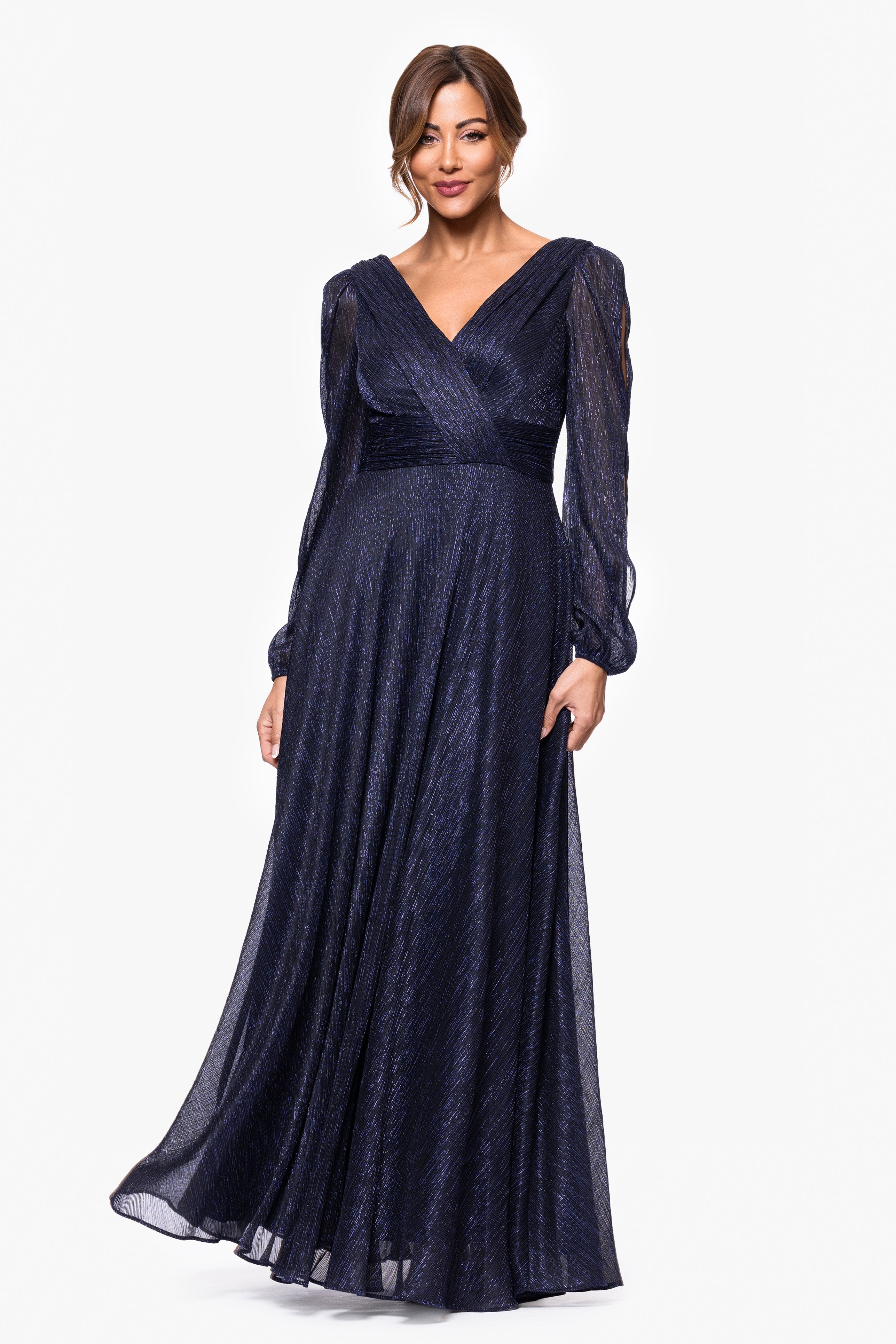 "Cheryl" Long Sleeve V Neck Metallic Knit Floor Length Dress