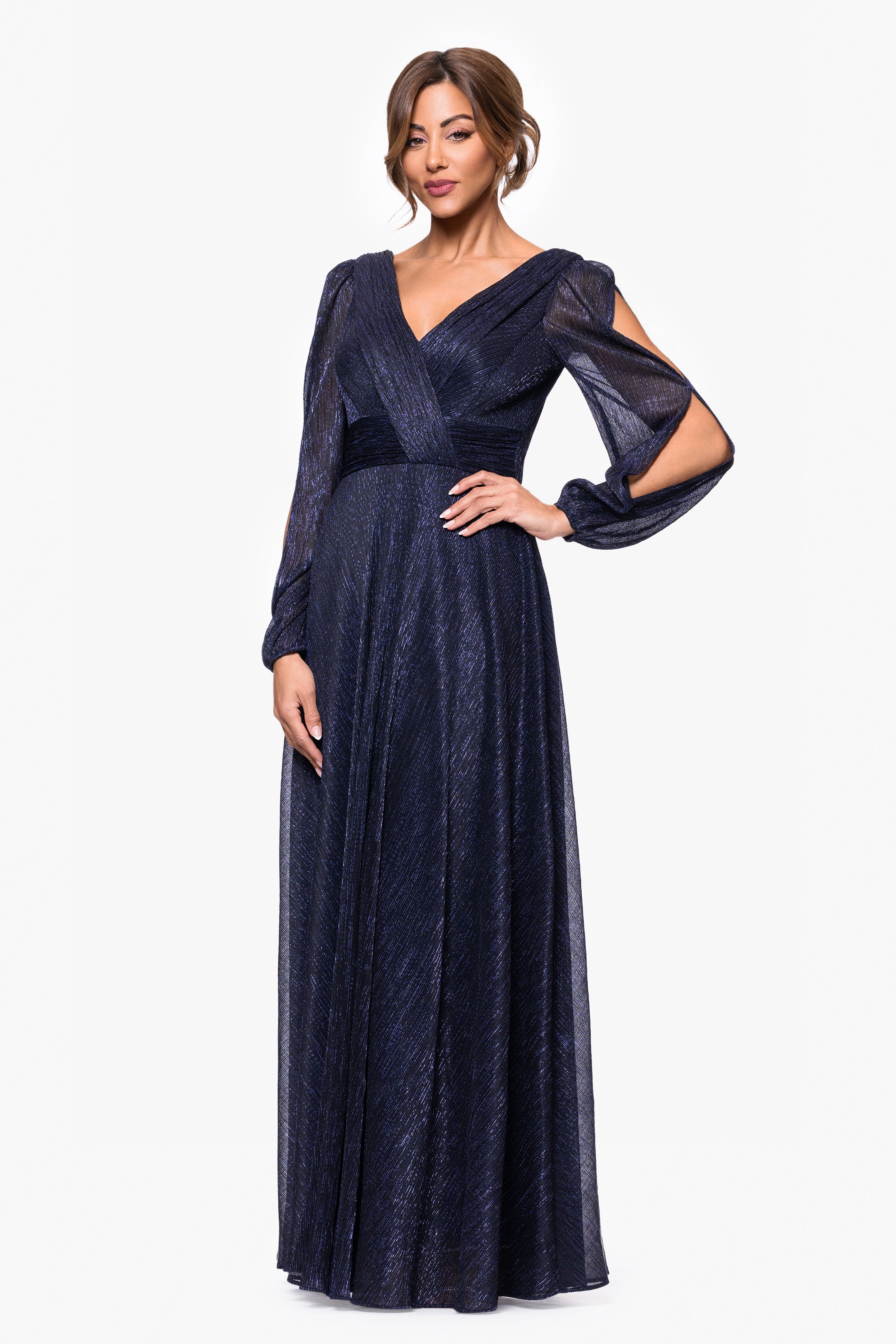 "Cheryl" Long Sleeve V Neck Metallic Knit Floor Length Dress