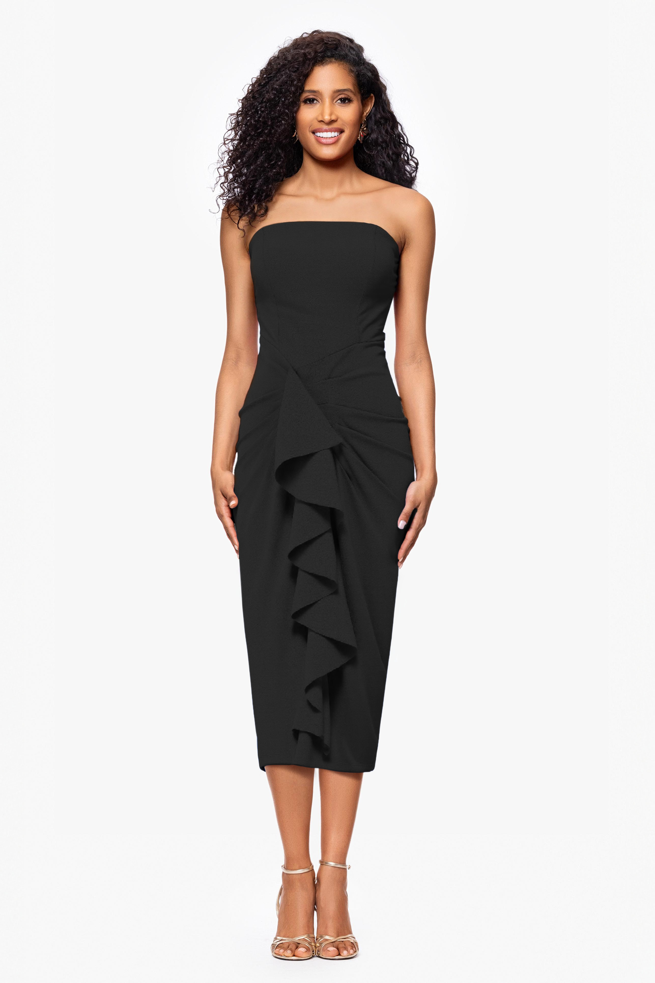 "Clover" Scuba Crepe Strapless Ruffle Midi Dress