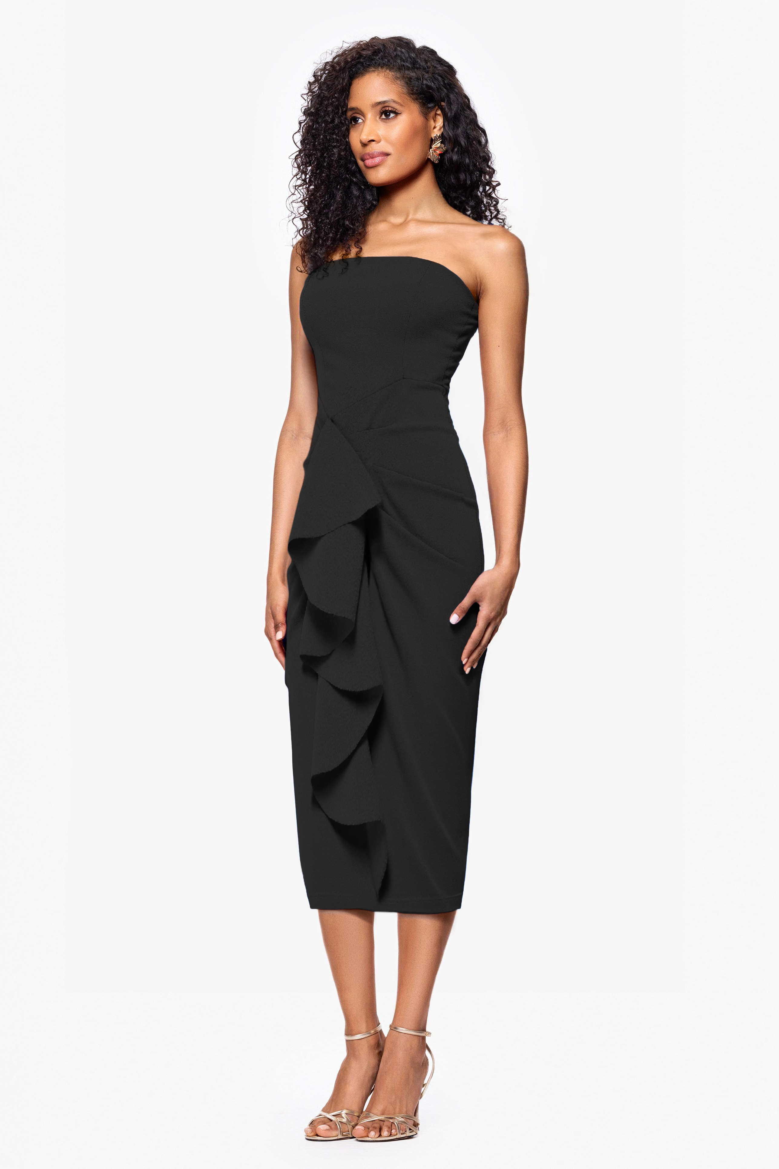 "Clover" Scuba Crepe Strapless Ruffle Midi Dress