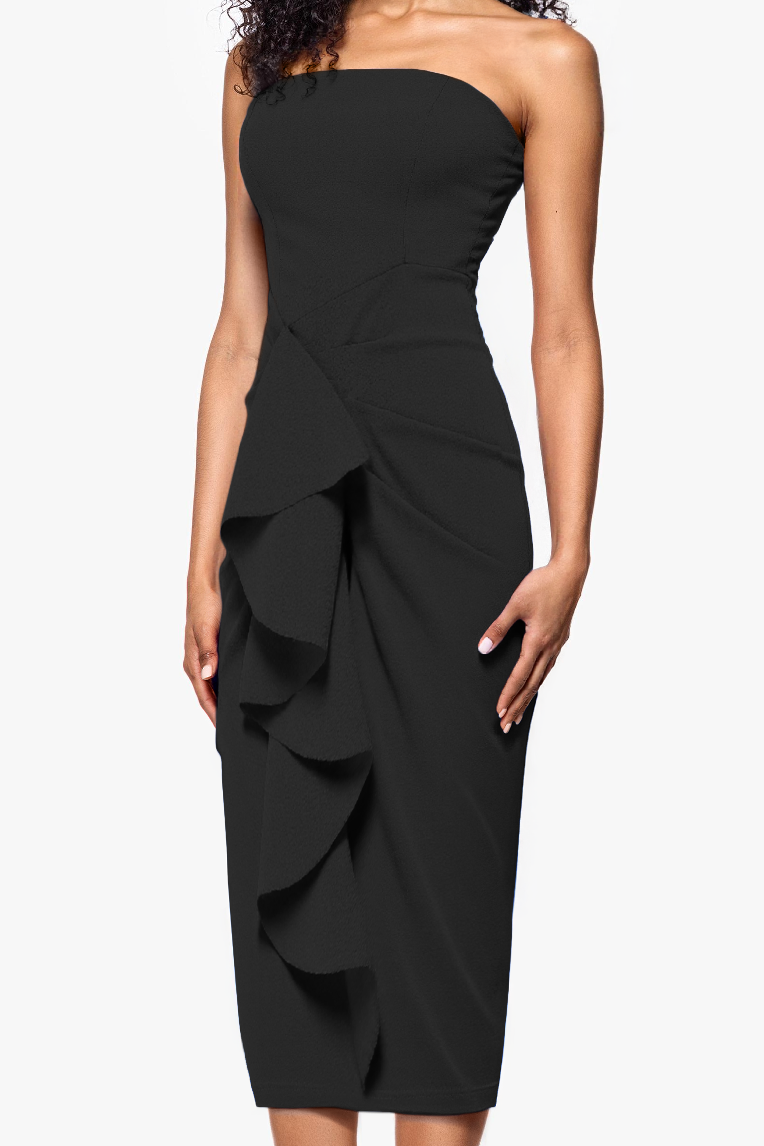 "Clover" Scuba Crepe Strapless Ruffle Midi Dress