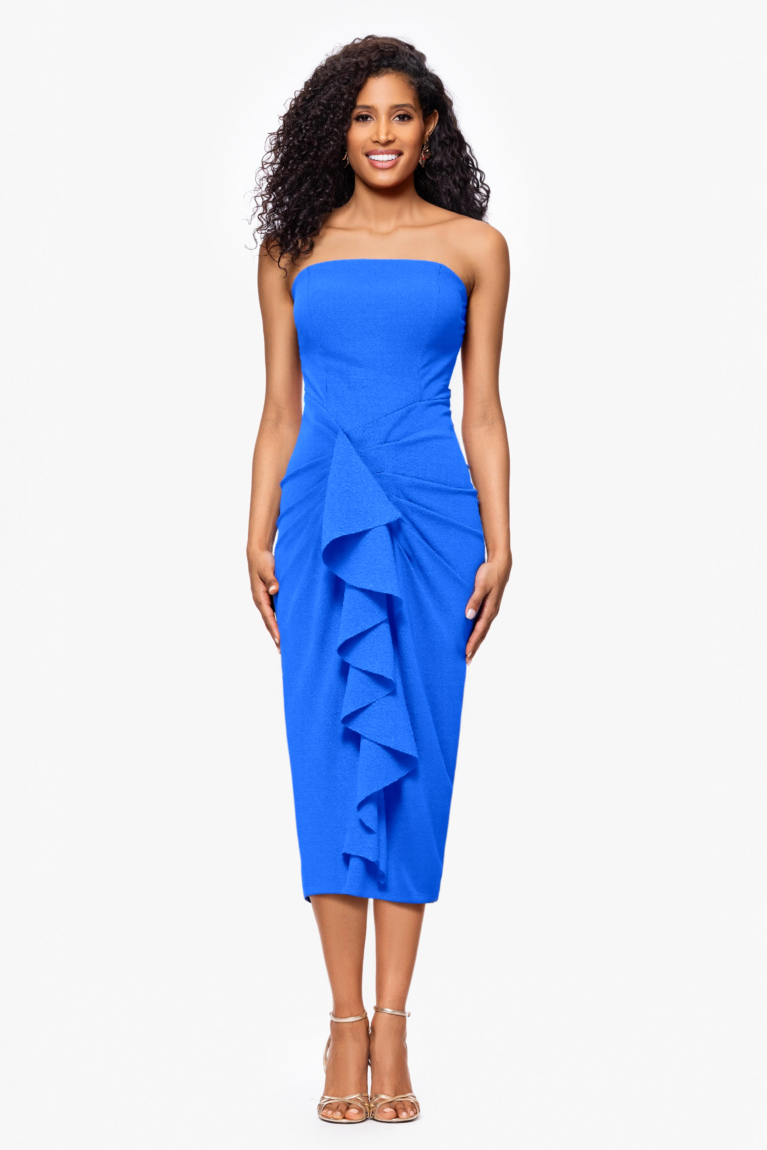 "Clover" Scuba Crepe Strapless Ruffle Midi Dress