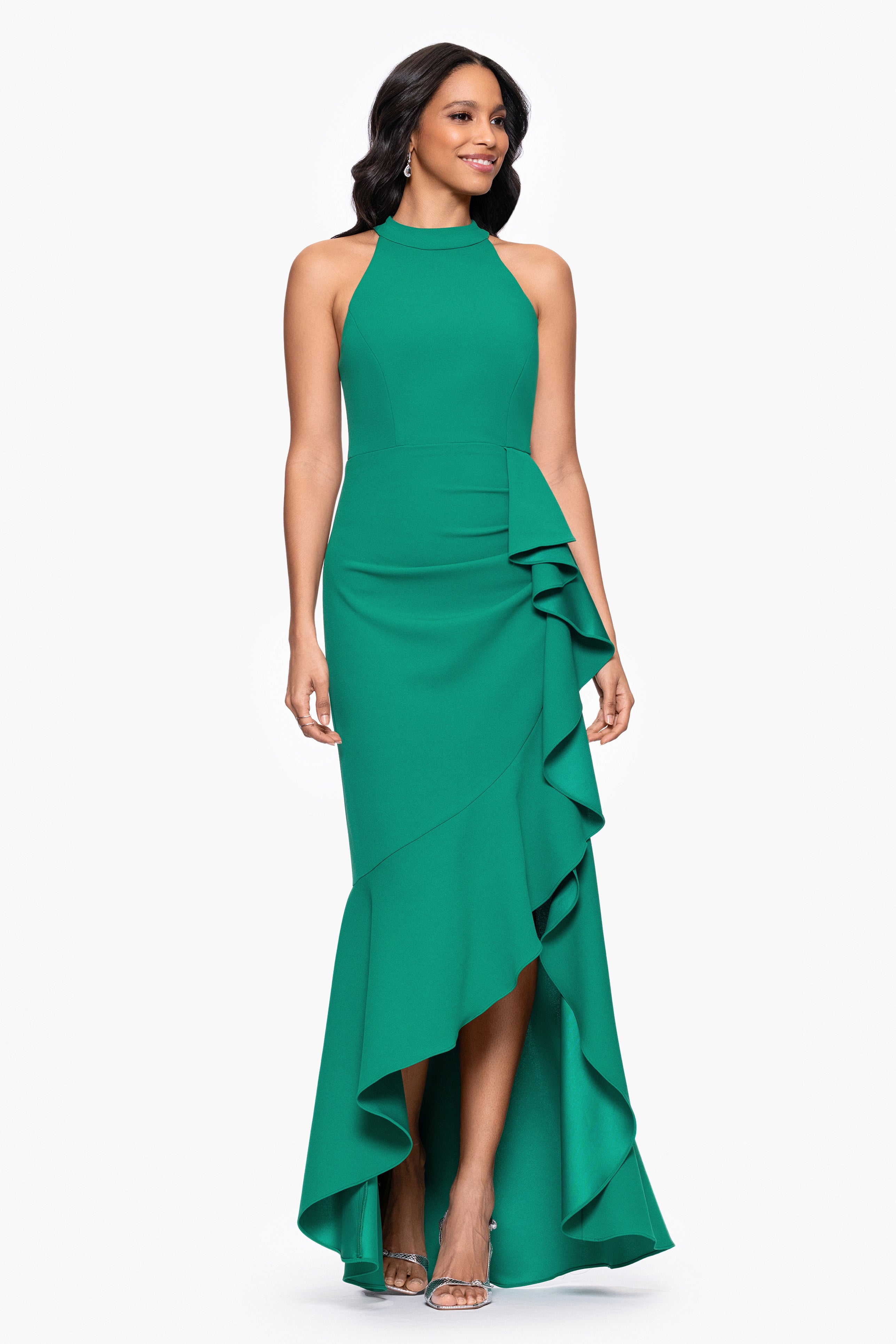 "Marcia" Scuba Crepe Ruffle Halter Neck High Low Dress