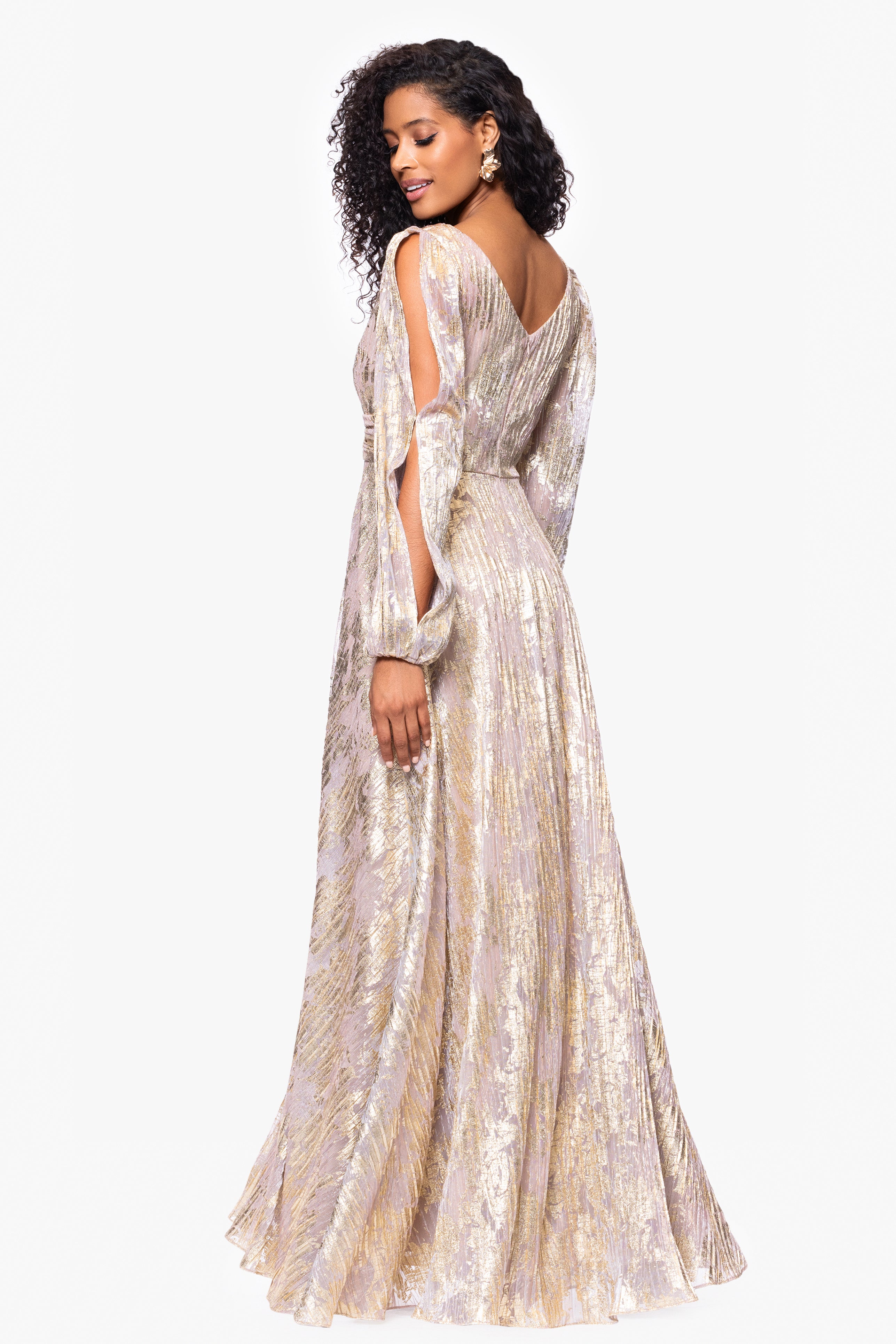 "Marla" Long Sleeve V Neck Metallic Knit Floor Length Dress