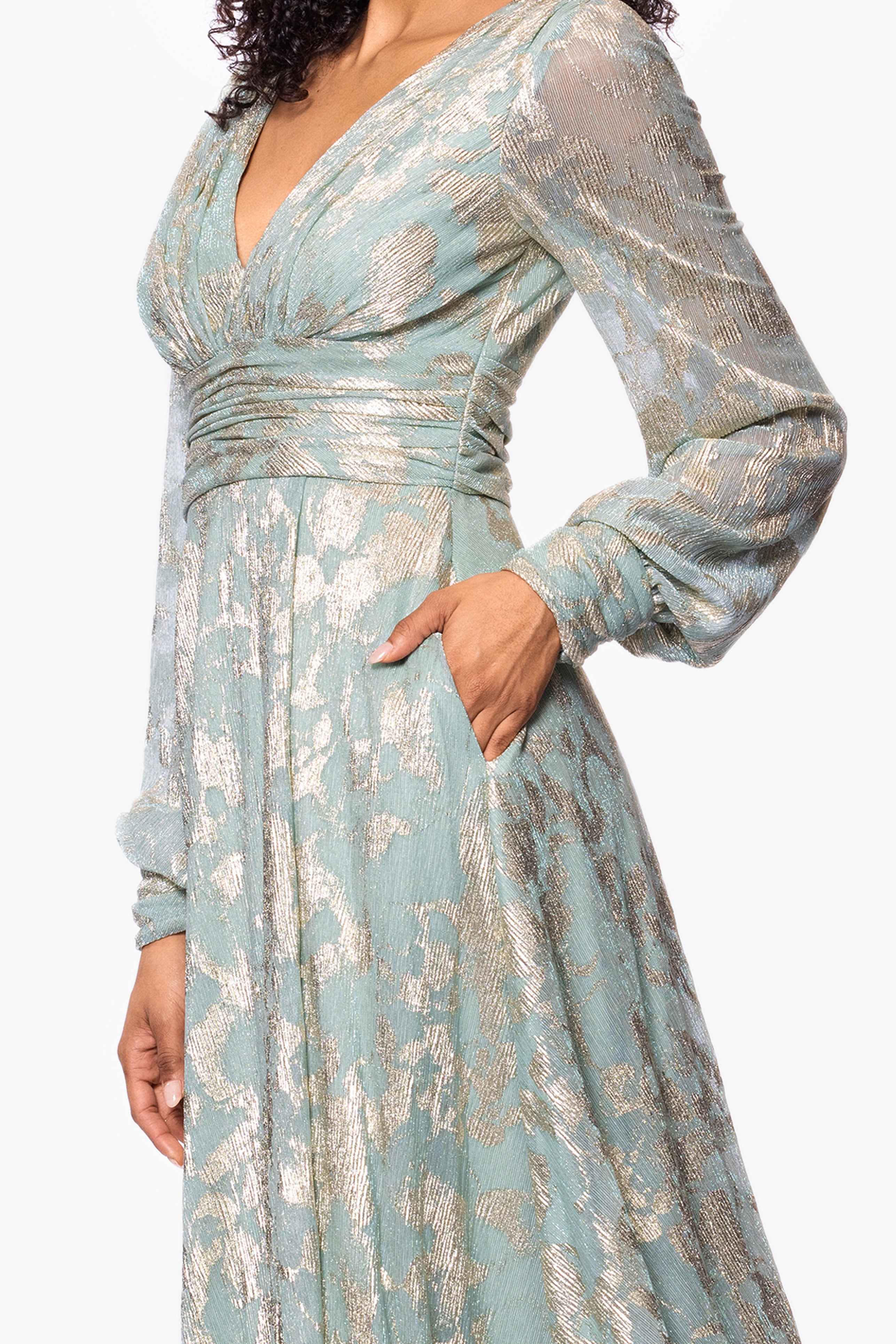 Petite "Melanie" Foil Knit V-Neck Long Sleeve Floor Length Dress