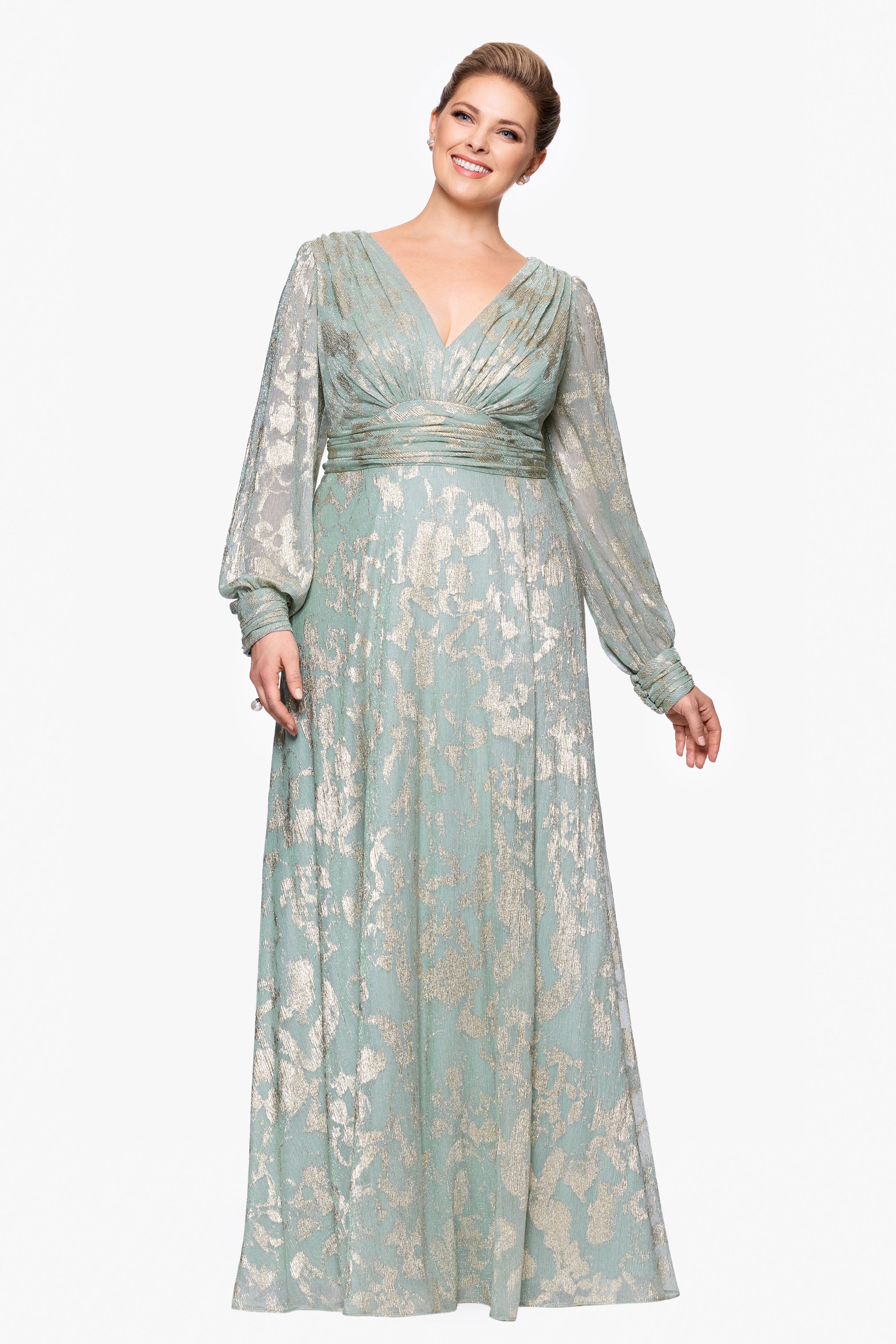 Plus "Melanie" Foil Knit V-Neck Long Sleeve Floor Length Dress