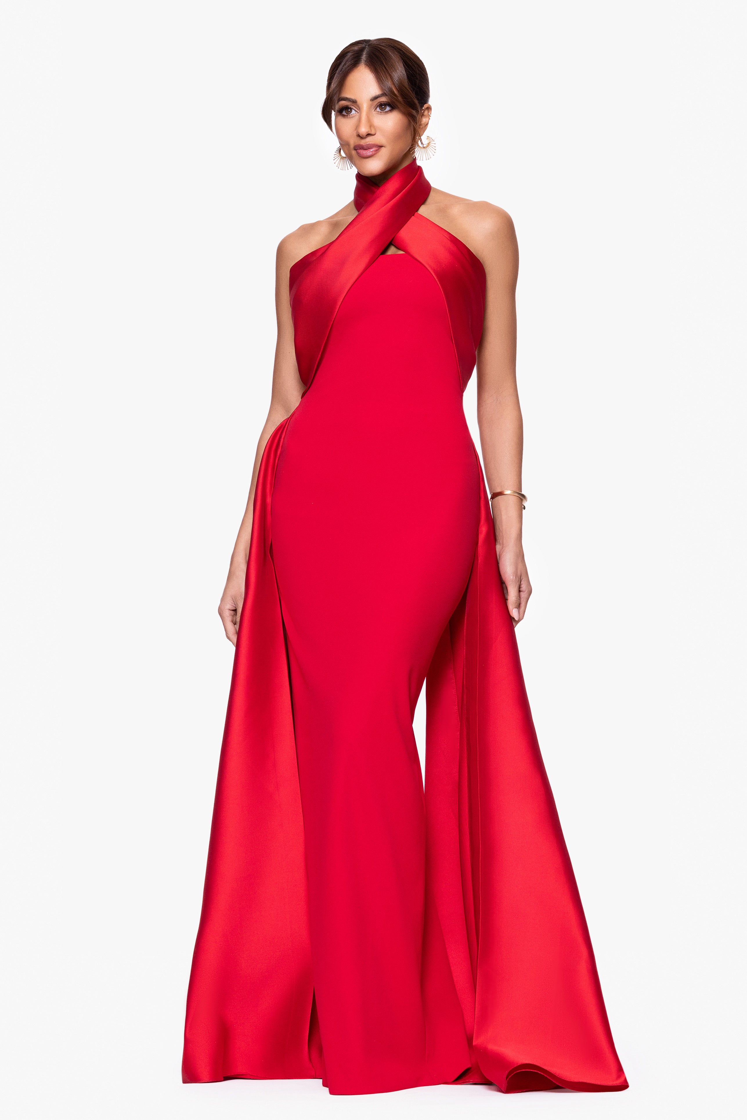 "Dina" Scuba Crepe Twist Halter Neck Floor Length Gown