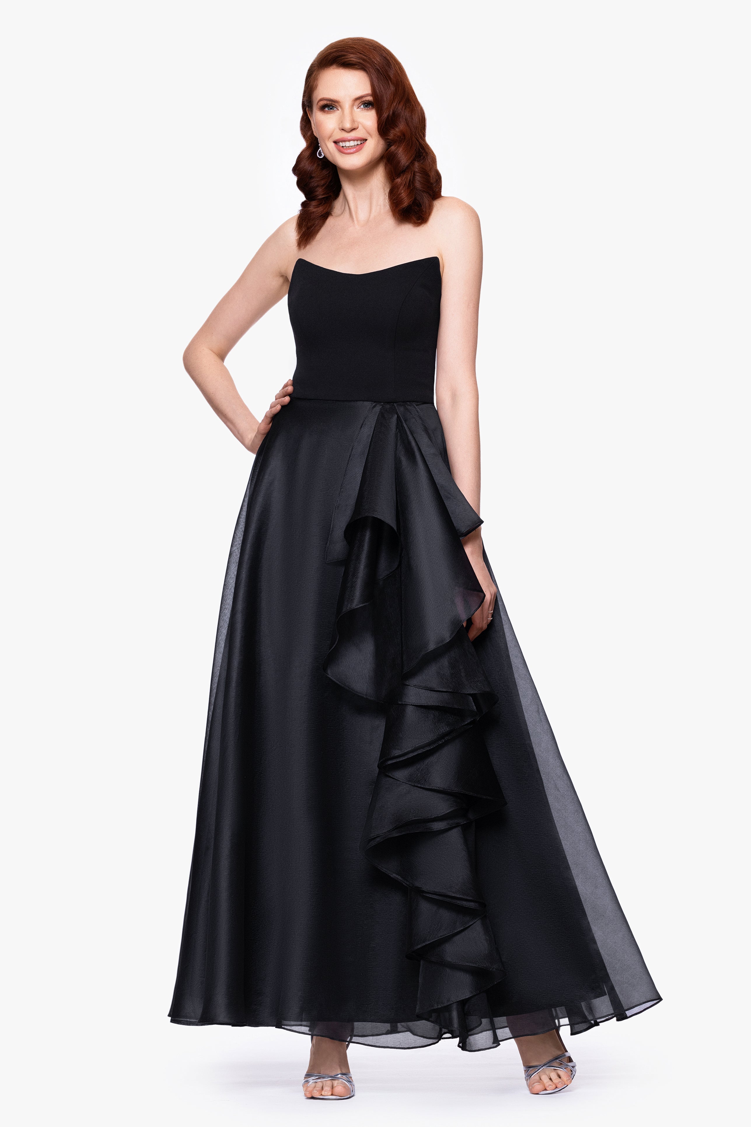 "Josephine" Scuba Crepe and Organza Floor Ruffle Floor Length Dress