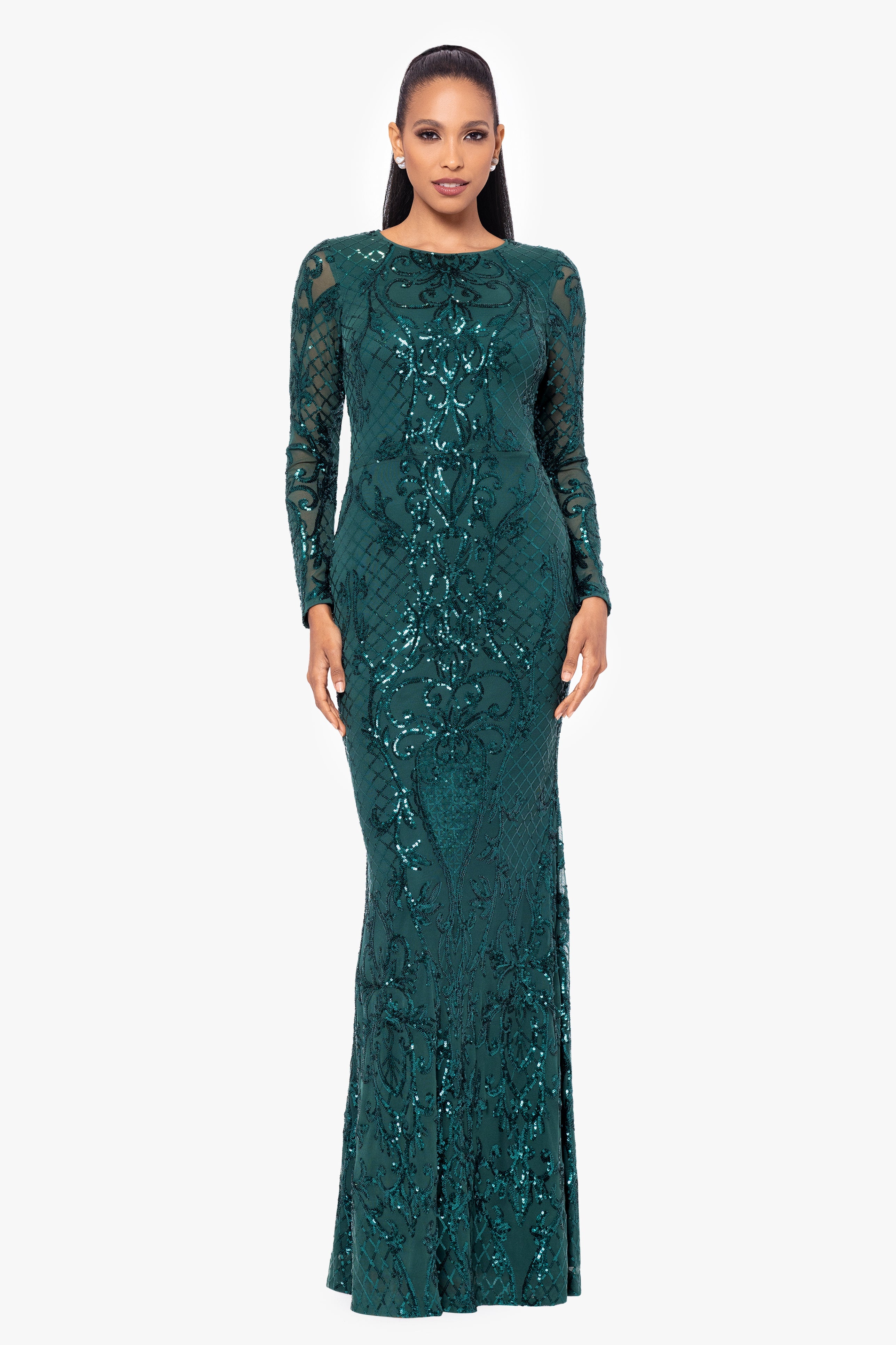 Petite "Nara" Long Sleeve Sequin Placement Gown