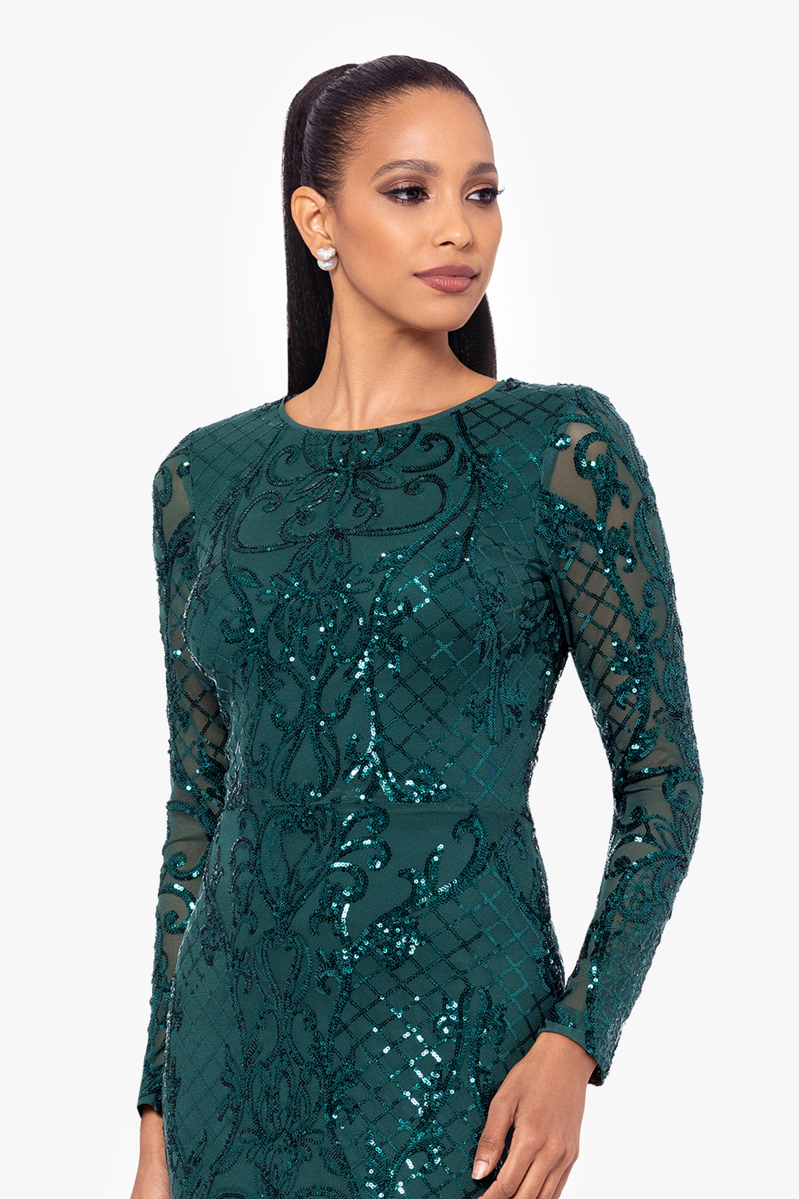 Betsy and adam long sleeve sequin gown hotsell