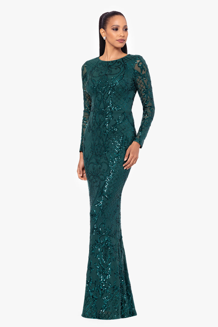 Petite "Nara" Long Sleeve Sequin Placement Gown