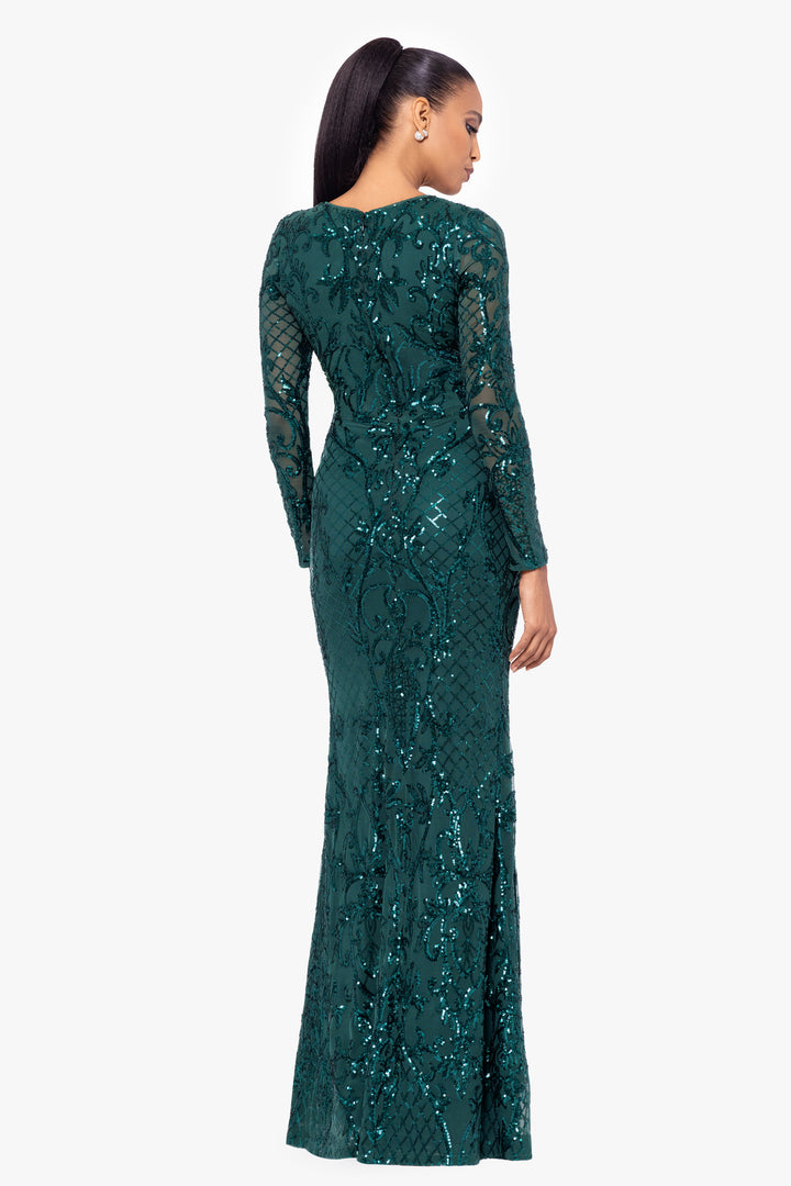 "Nara" Long Sleeve Sequin Placement Gown