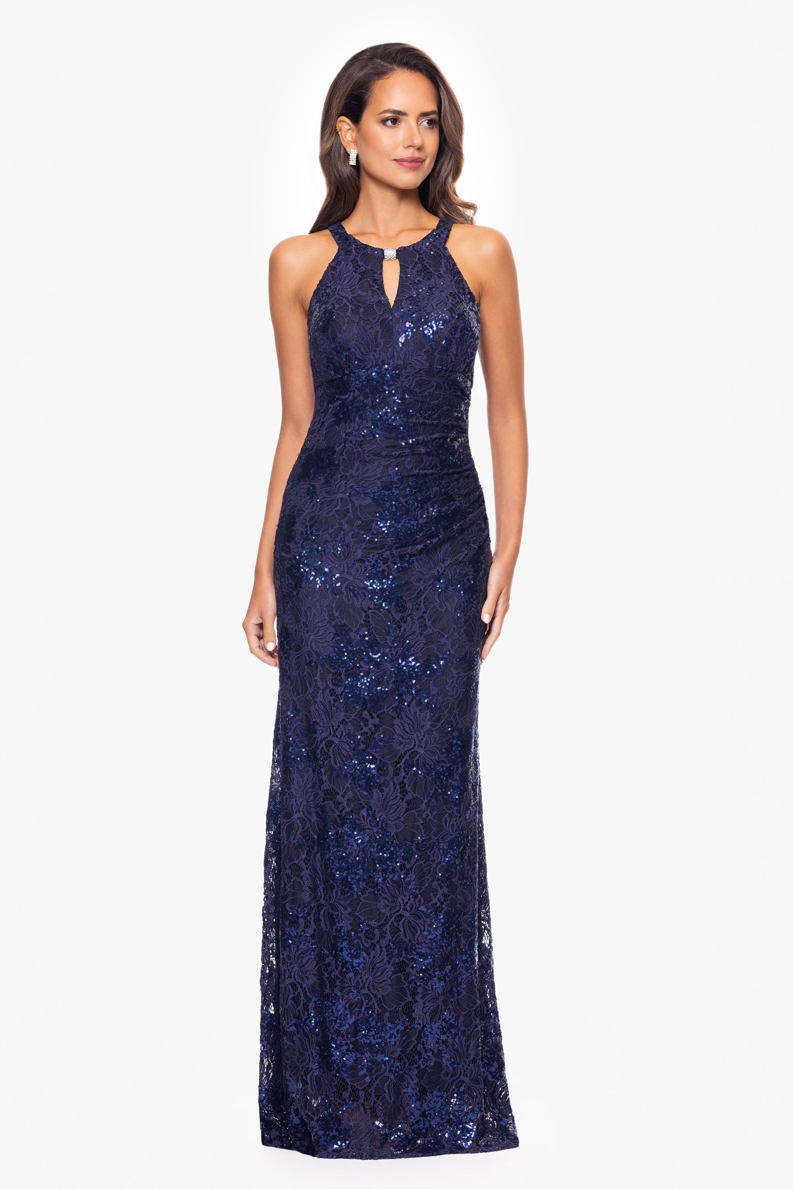 "Wilma" Sequin Lace Keyhole Neck Floor Length Dress