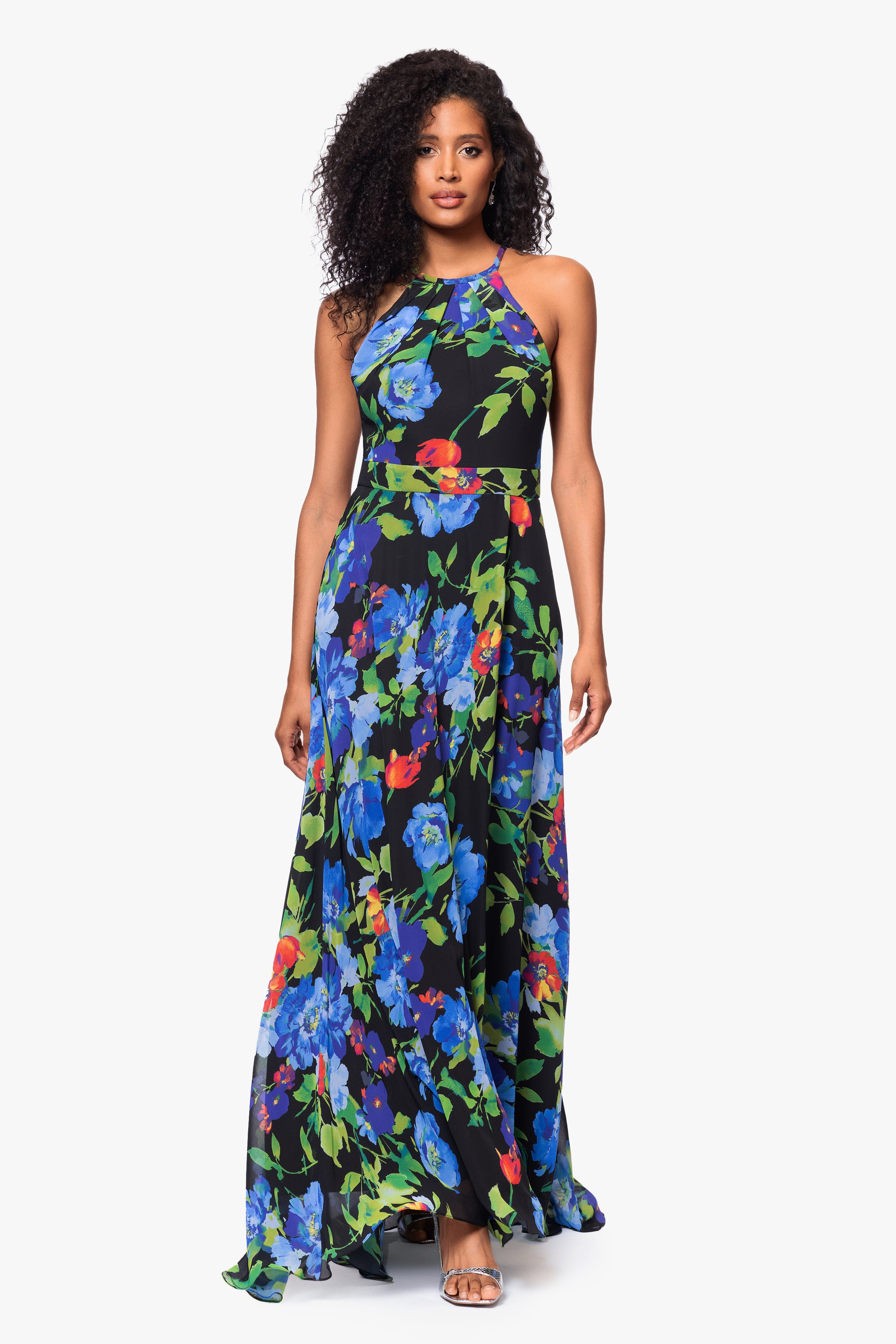 "Eleanora" Chiffon Print Halter Neck Floor Length Dress