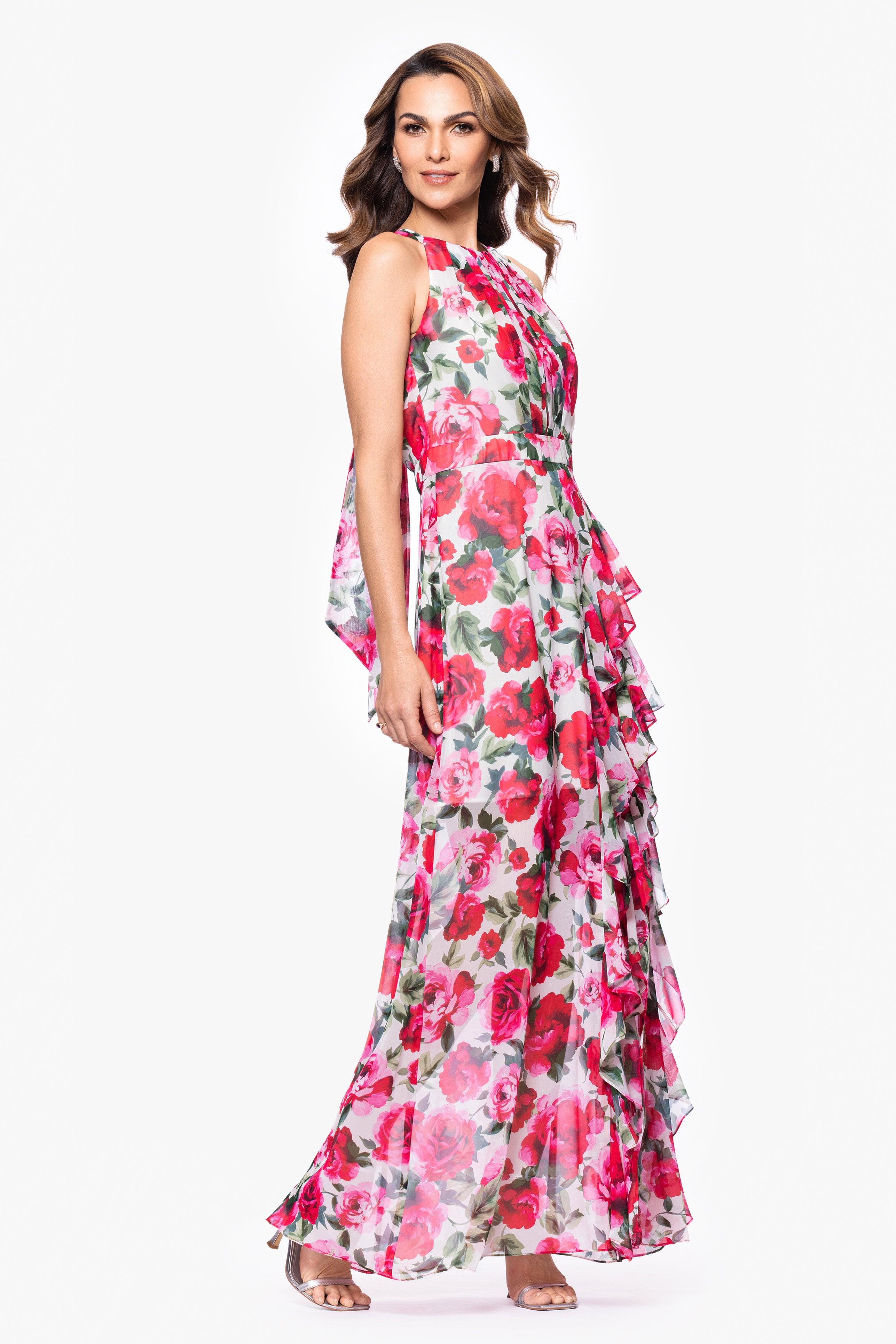 "Mimi" Floral Print Chiffon Floor Length Dress