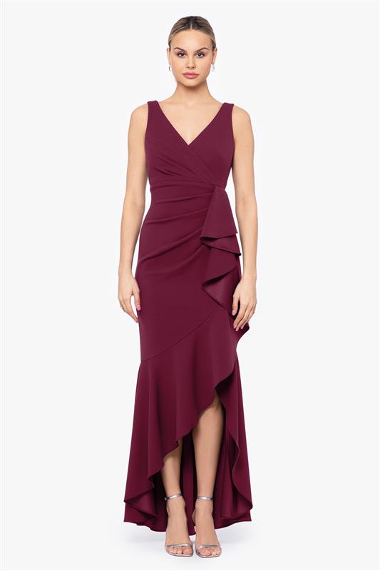 "Candace" Long V- Neck Hi Low Cascade Dress