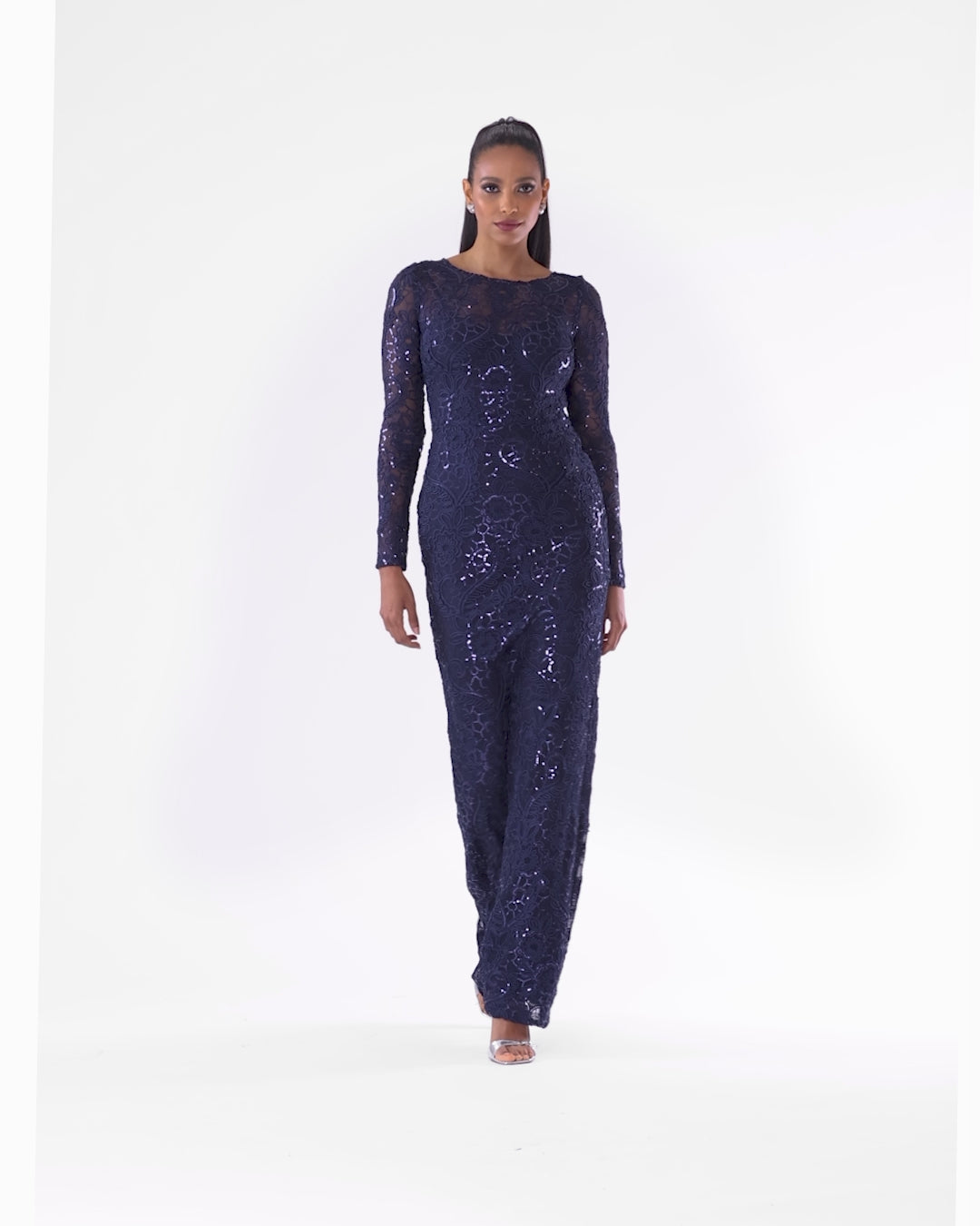 "Cecelia" Long Sleeve Sequin Soutache Lace Floor Length Dress