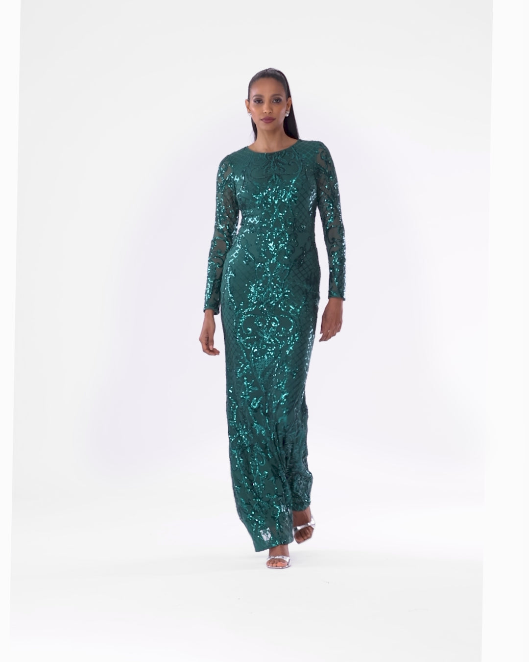 "Nara" Long Sleeve Sequin Placement Gown