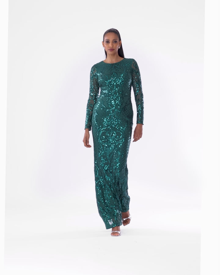 Petite "Nara" Long Sleeve Sequin Placement Gown