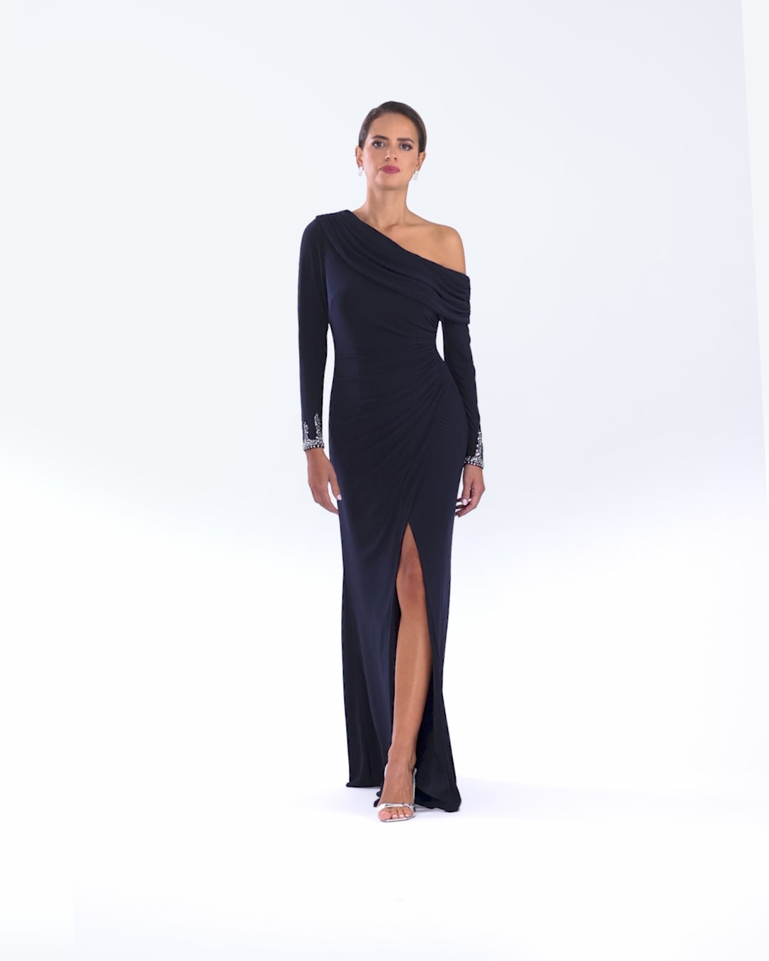 "Chrishell" Long Jersey Knit Off the Shoulder Overlay with Beaded Sleeves