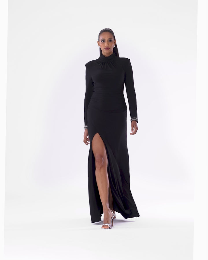 "Roxie" Long Jersey Knit Mock Neck Embellished Wrist Floor Length Dress