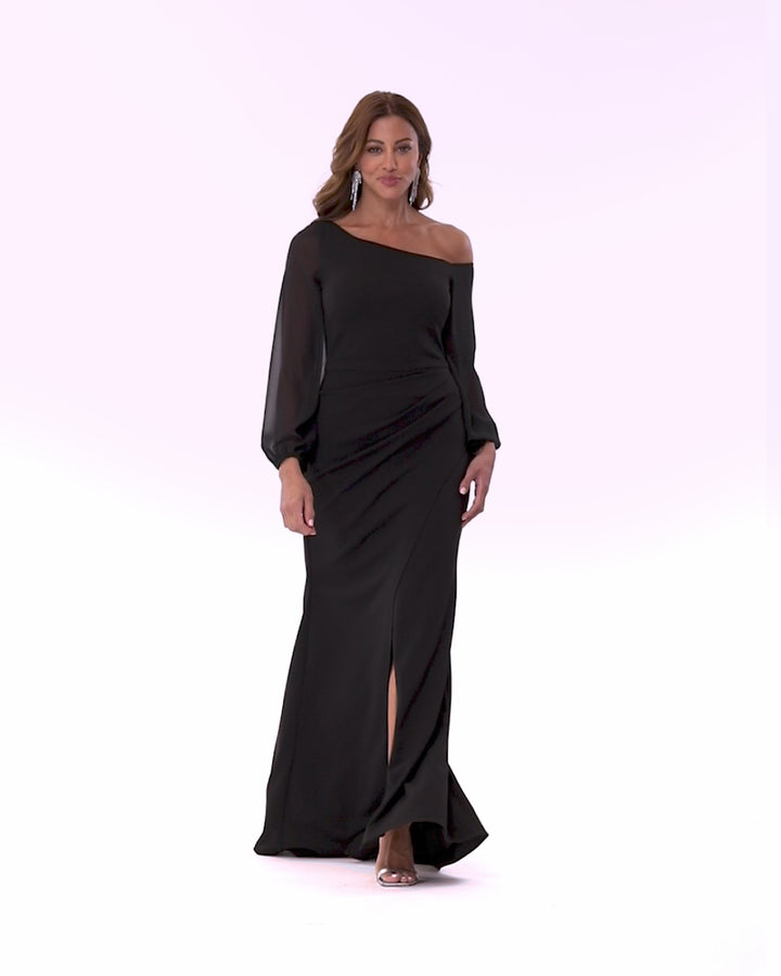 Petite "Donna" Long Off the Shoulder Illusion Sleeve Dress