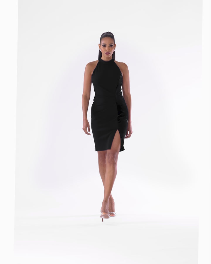 "Mariana" Short Halter Neck Scuba Crepe and Velvet Stripe Dress