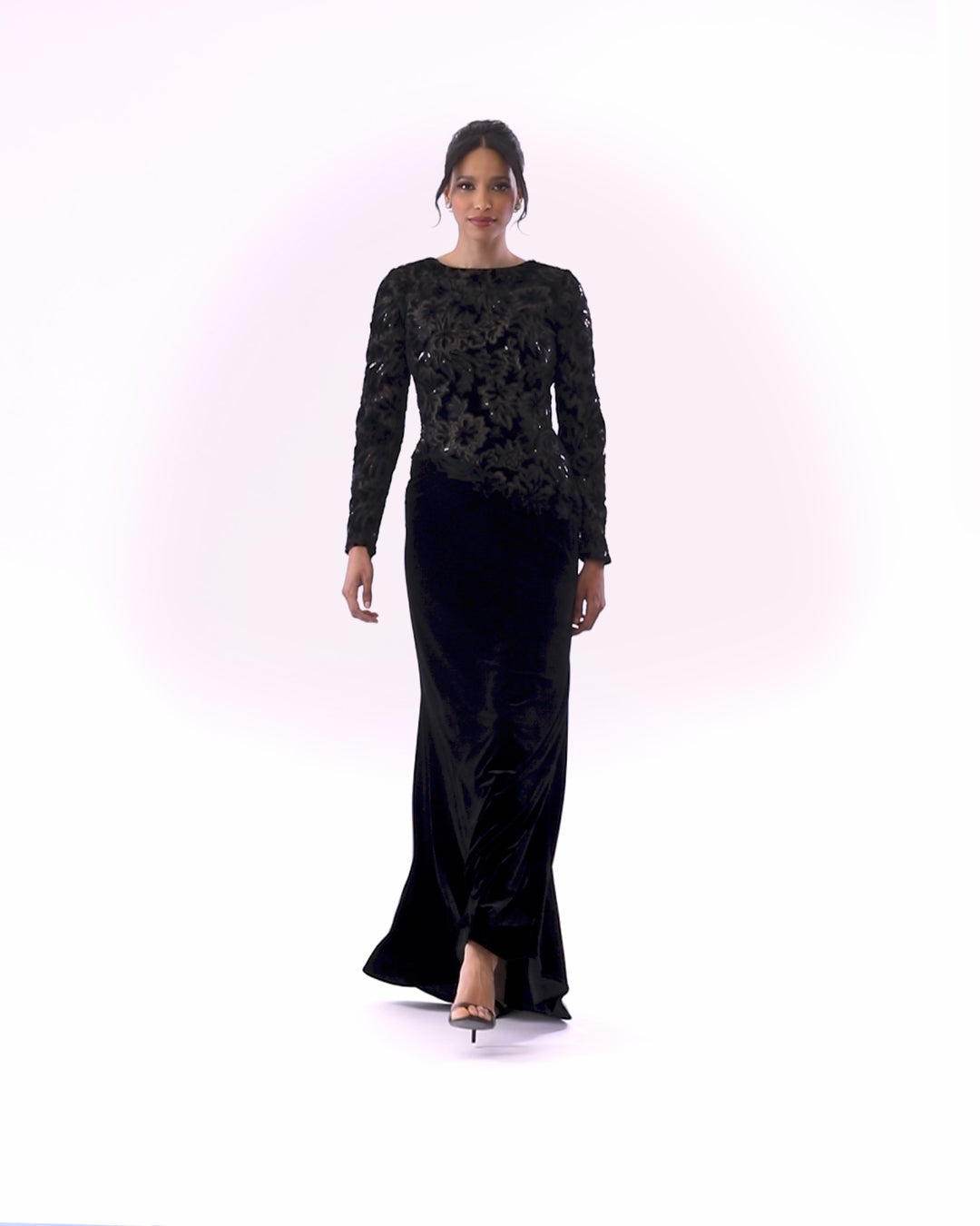 "Alena" Floor Length Sequin and Velvet Long Sleeve Dress