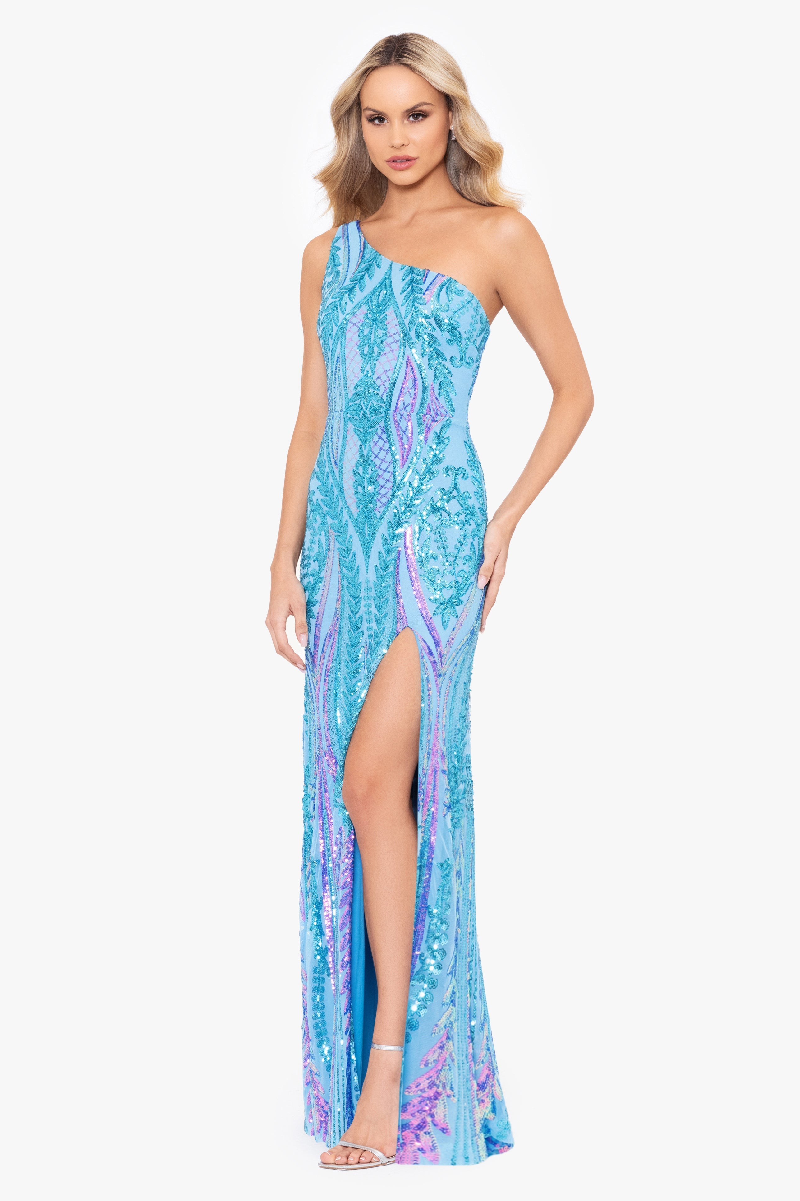 "Terri" Long Placement Sequin One Shoulder Dress