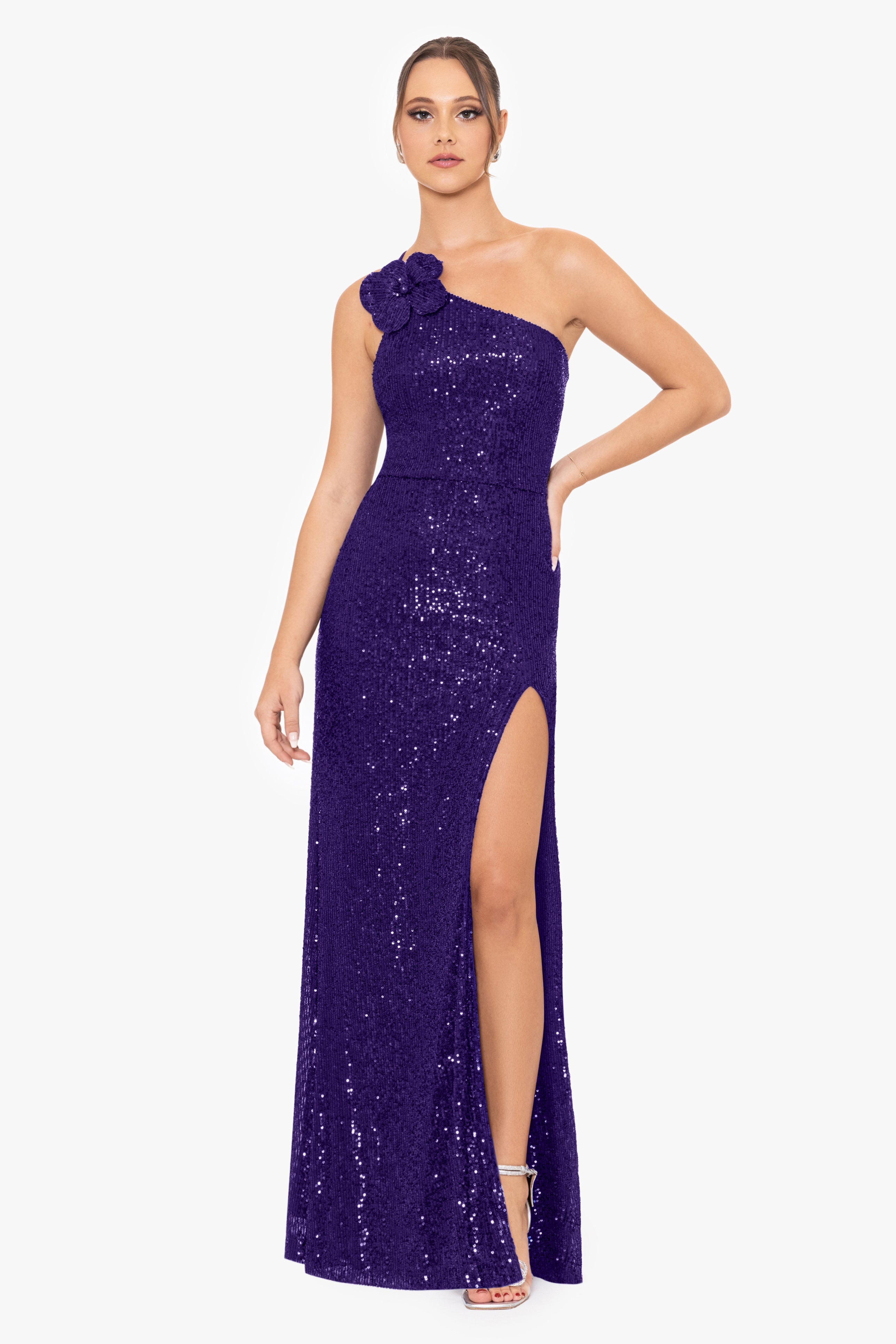 "Tracey" Long One Shoulder Sequin Dress with Flower Detail