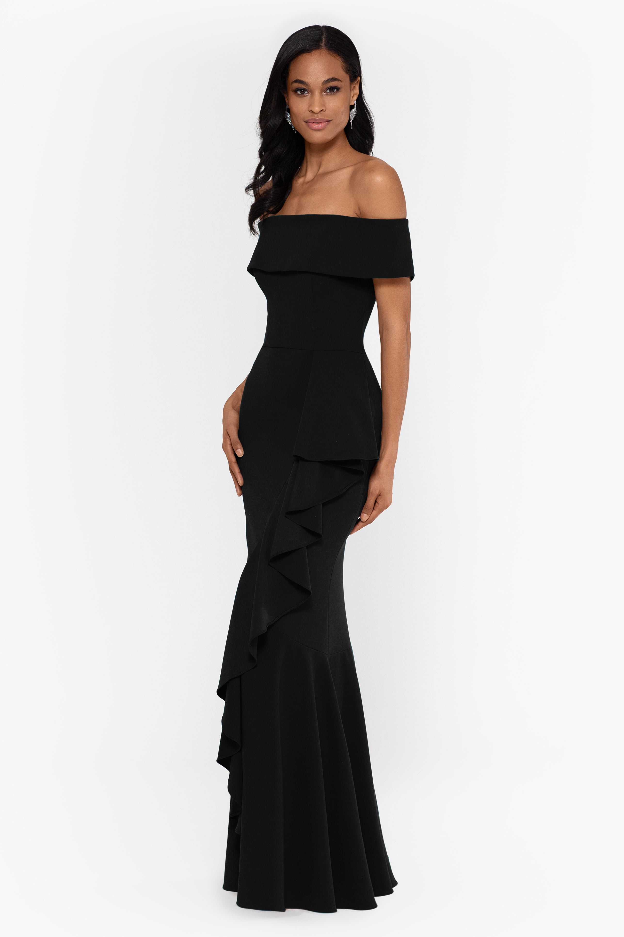 Petite "Carina" Long Off the Shoulder Ruffle Dress