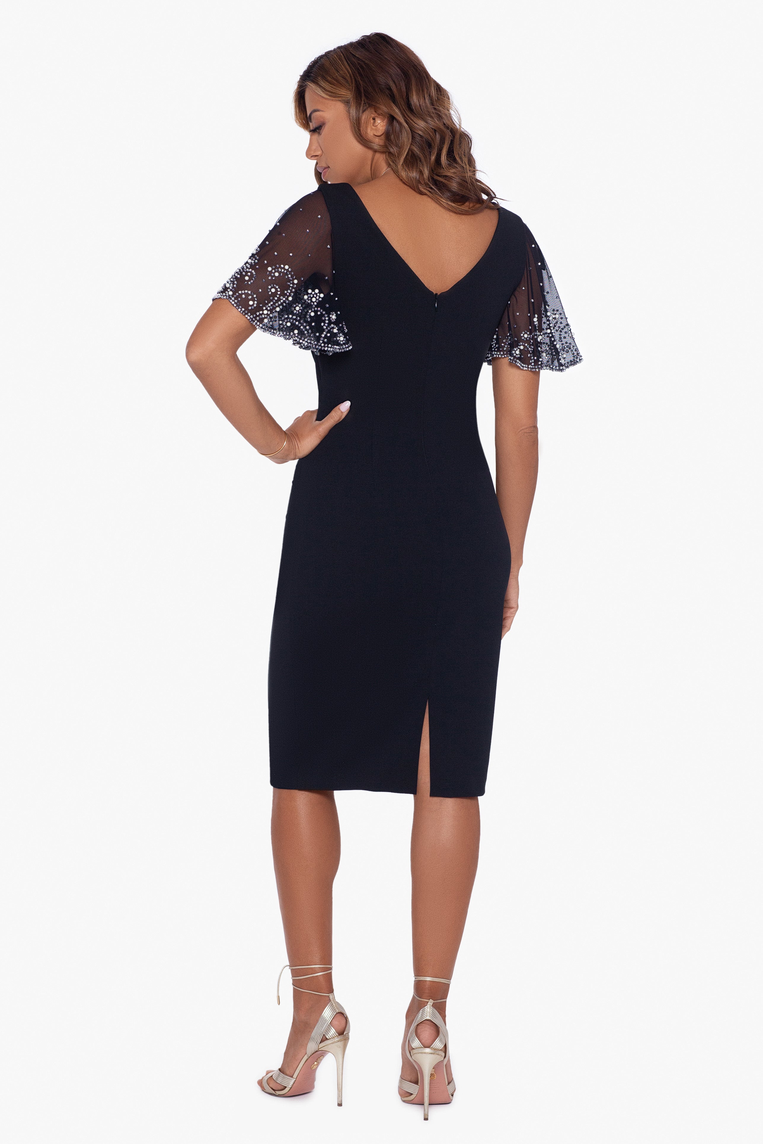 "Emily" Short Scuba Crepe Beaded Sleeve Dress - Betsy & Adam