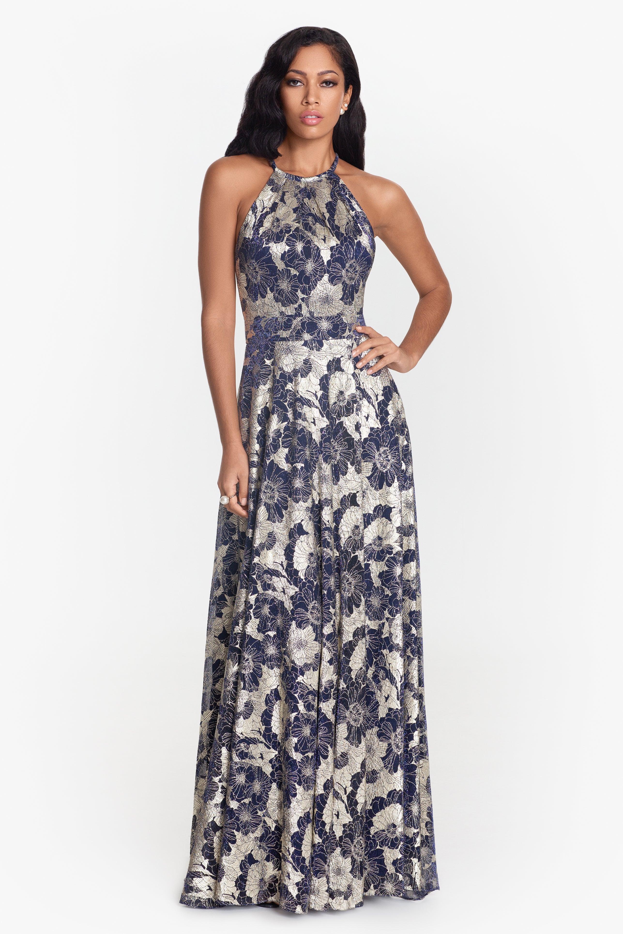 "Layla" Long Halter Top Wrap Foil Print Dress - Betsy & Adam