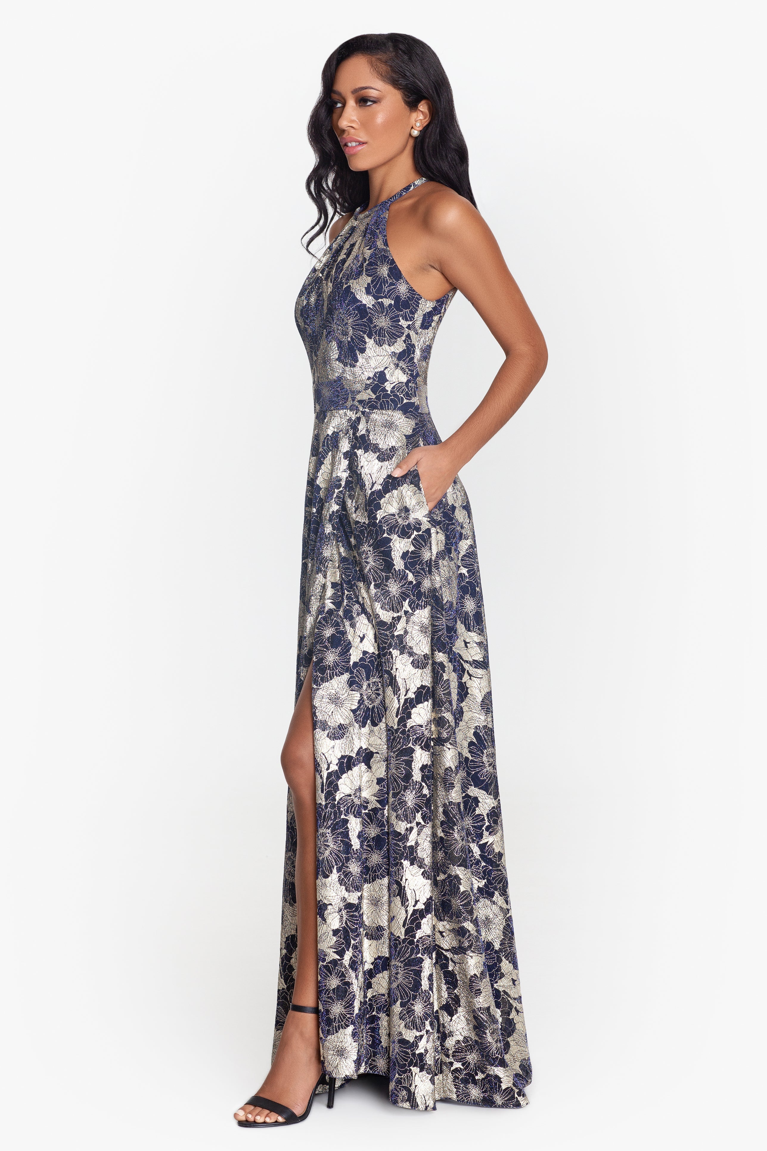 "Layla" Long Halter Top Wrap Foil Print Dress - Betsy & Adam