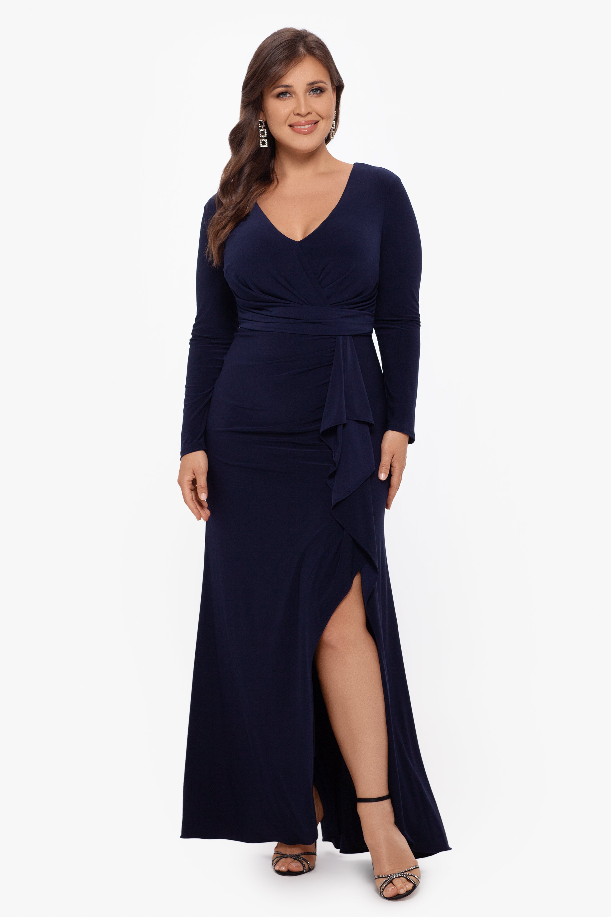 Plus "Elle" Long Sleeve Side Ruffled Slit Gown - Betsy & Adam