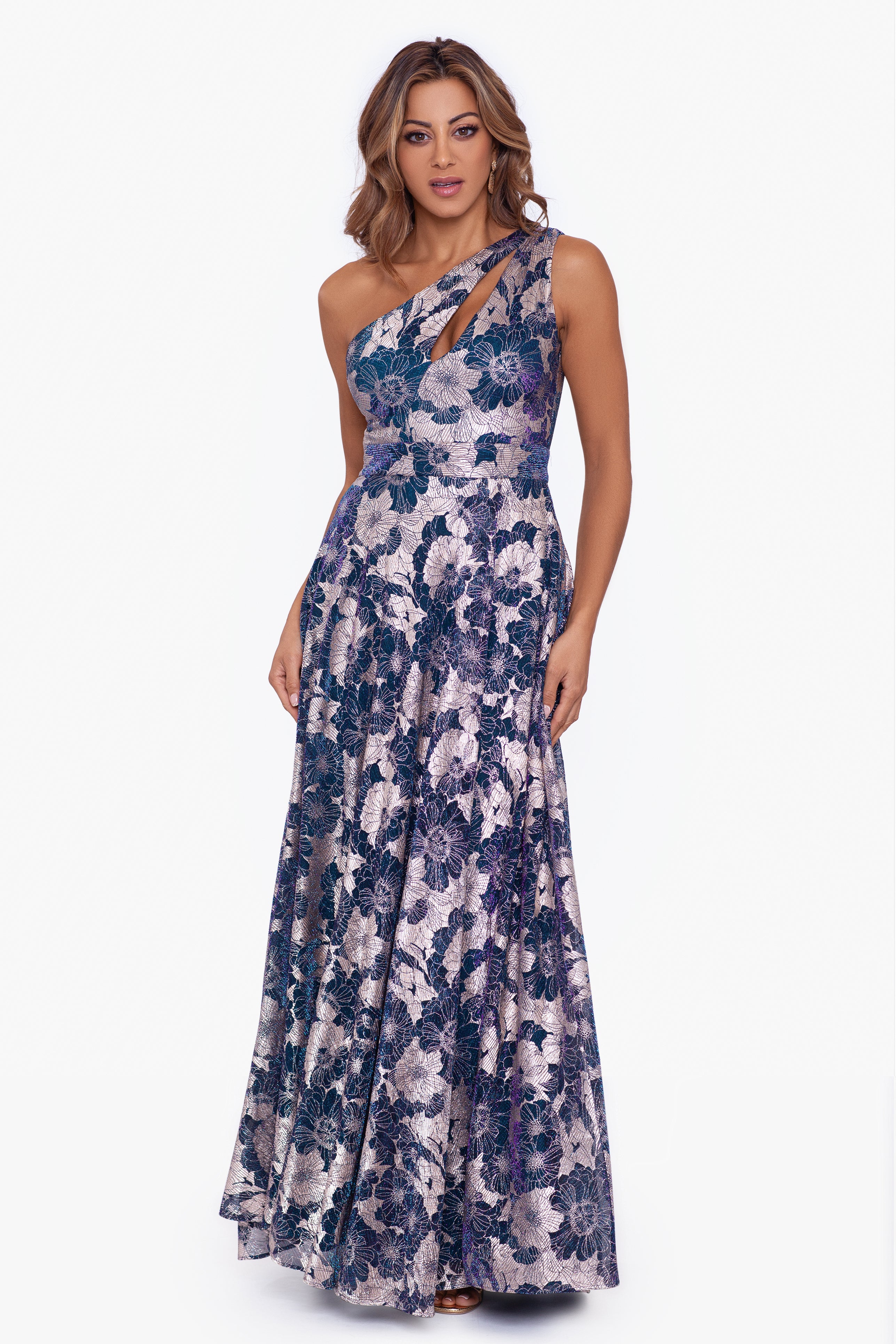 "Gwen" Long One Shoulder Wrap Foil Flower Dress - Betsy & Adam