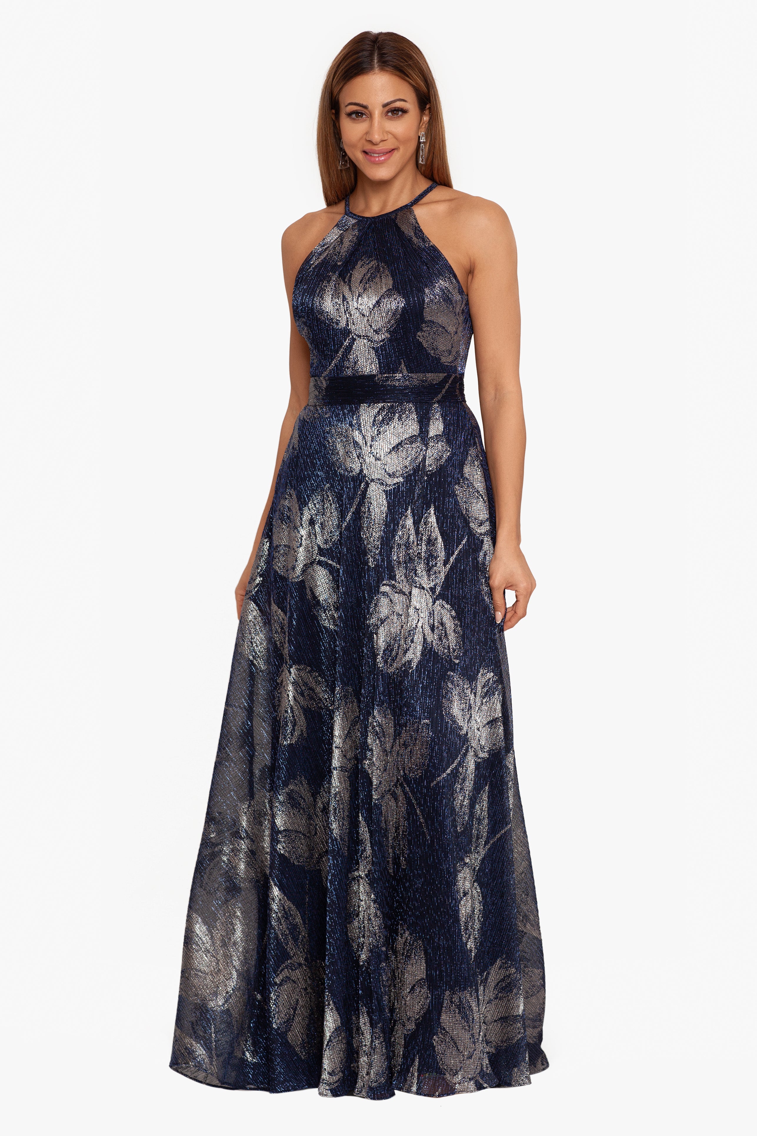 "Ilaria" Long Halter Foil Print Dress