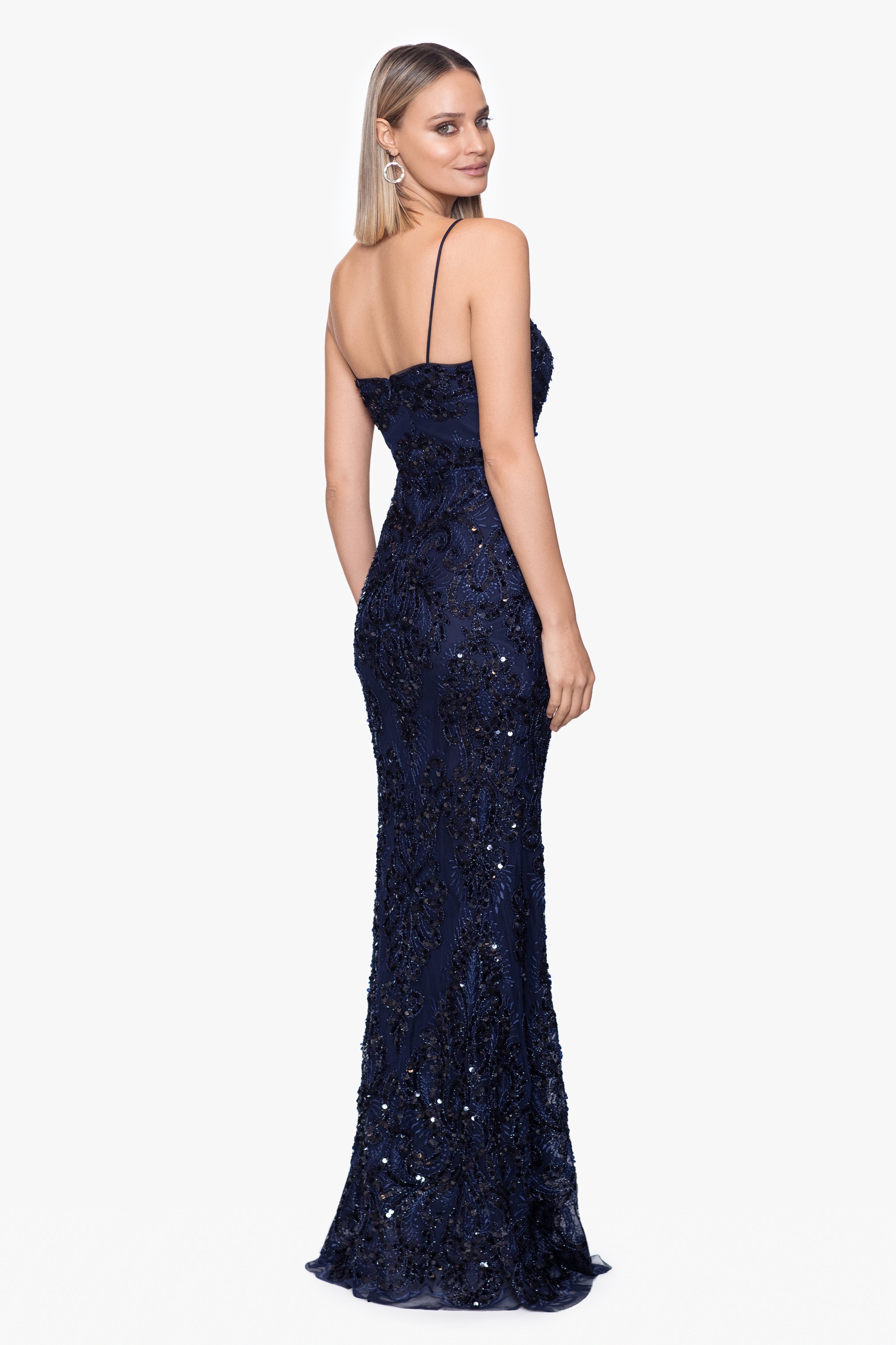 "Nina" Long Sequin Illusion V-Neck Dress